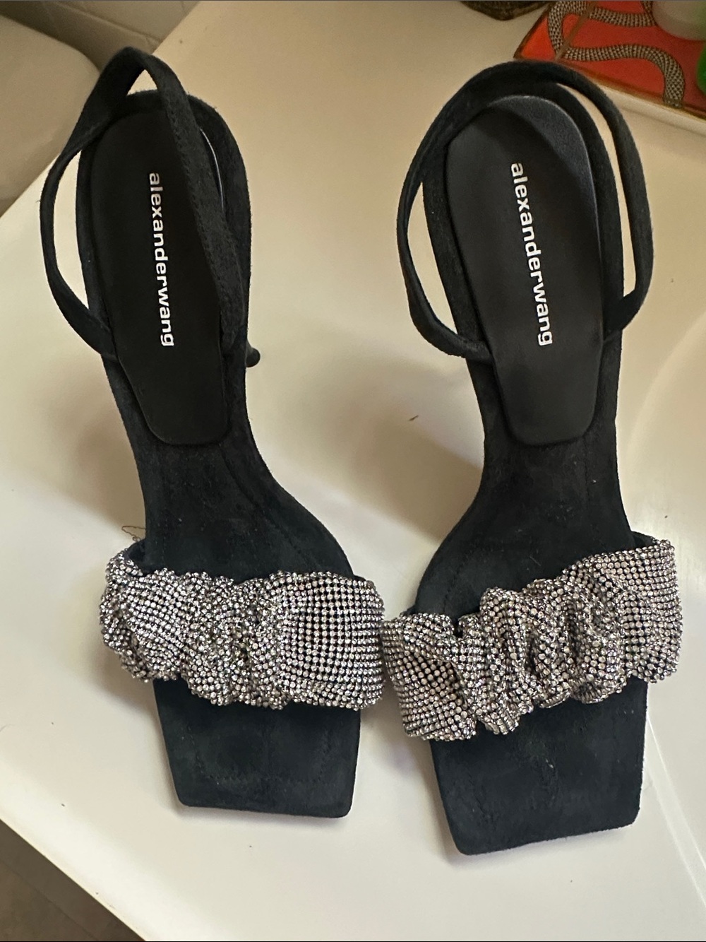 Alexander Wang Black Crystal-Trim Suede Slingback Heels